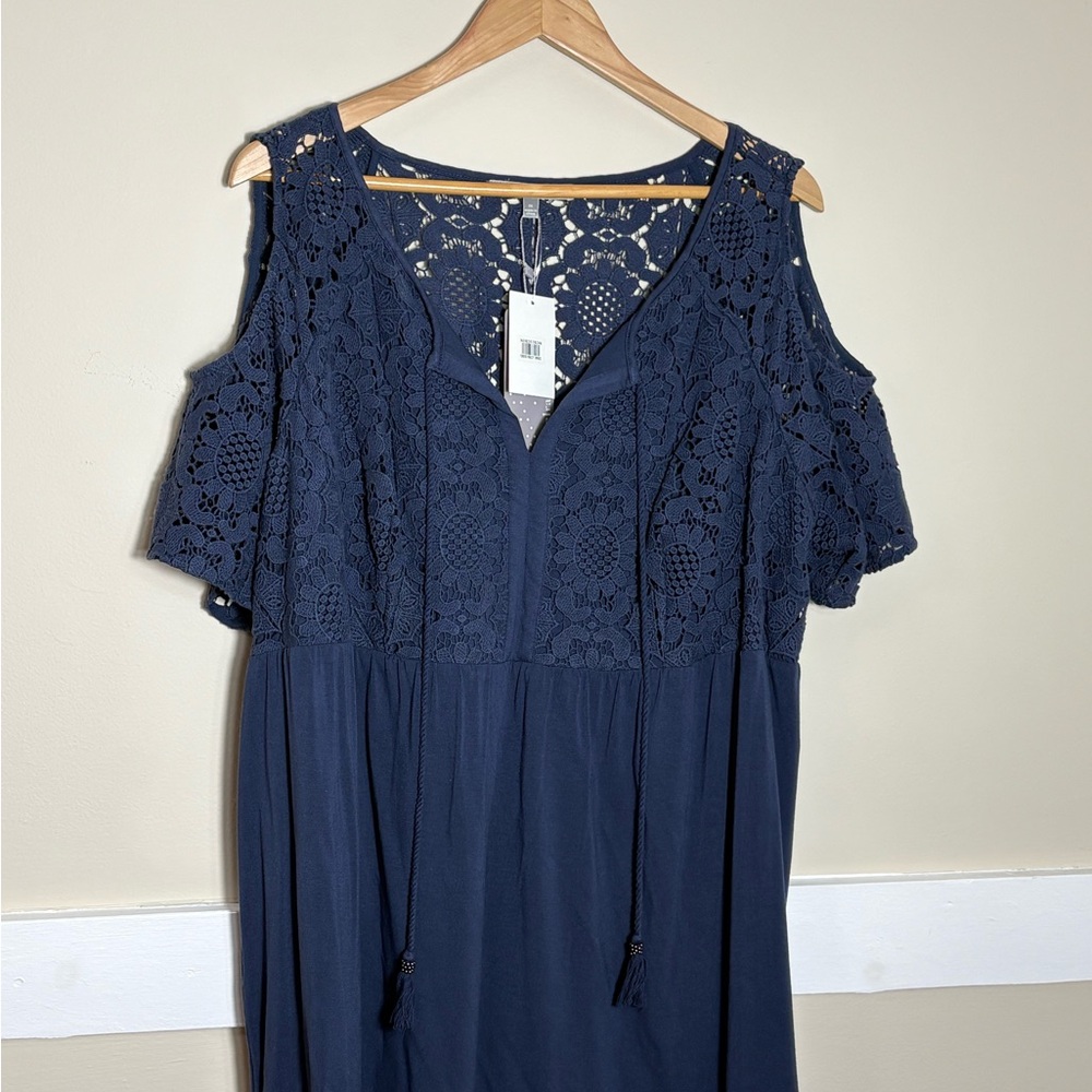 NWT Daniel Rainn 2X Blue Crochet Cold Shoulder Boho Peasant Top Flowy Blouse - Picture 2 of 8